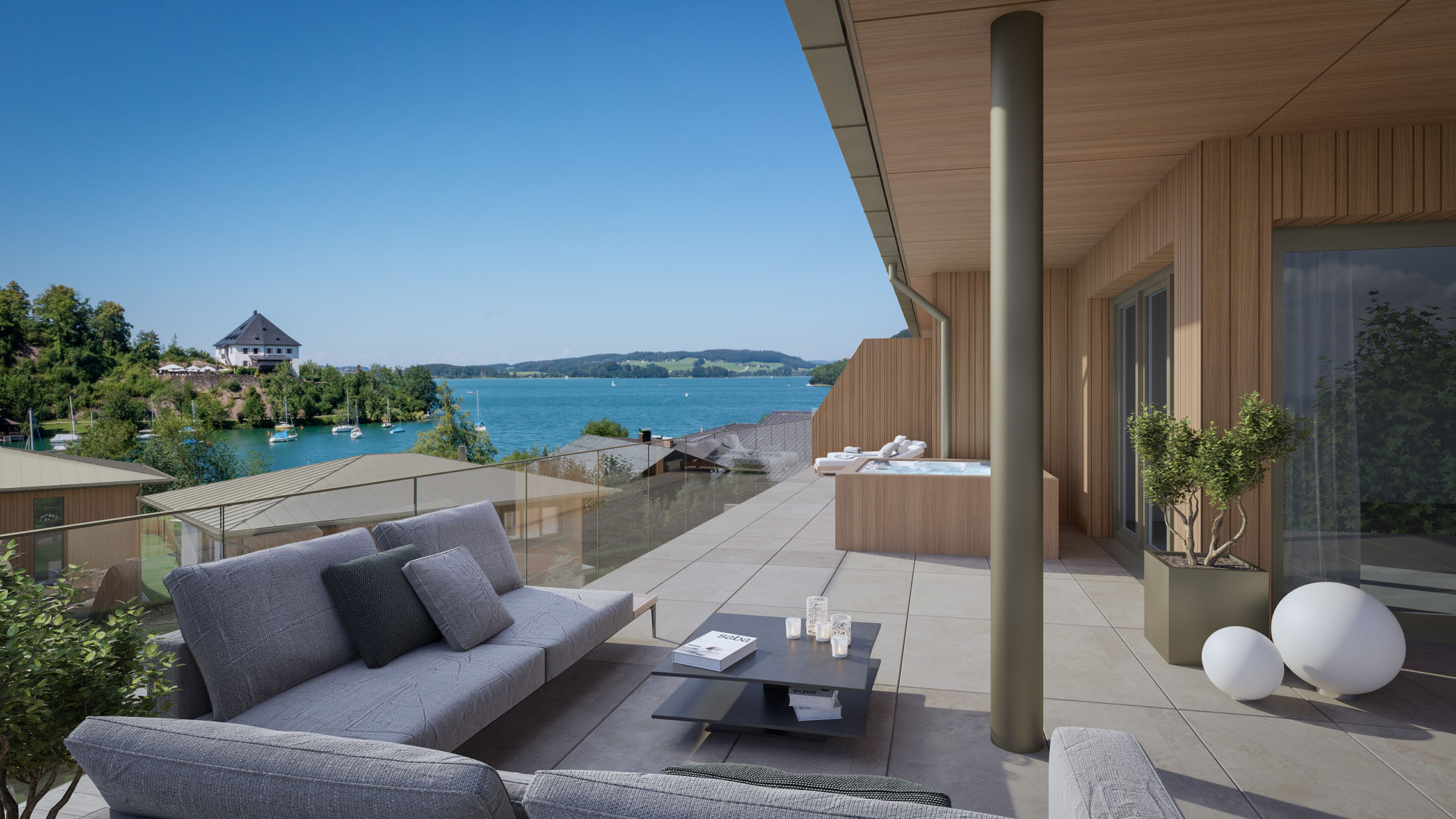 Außenvisualisierung einer Terrasse mit Blick auf den See, hochwertige Terrassenmöbel